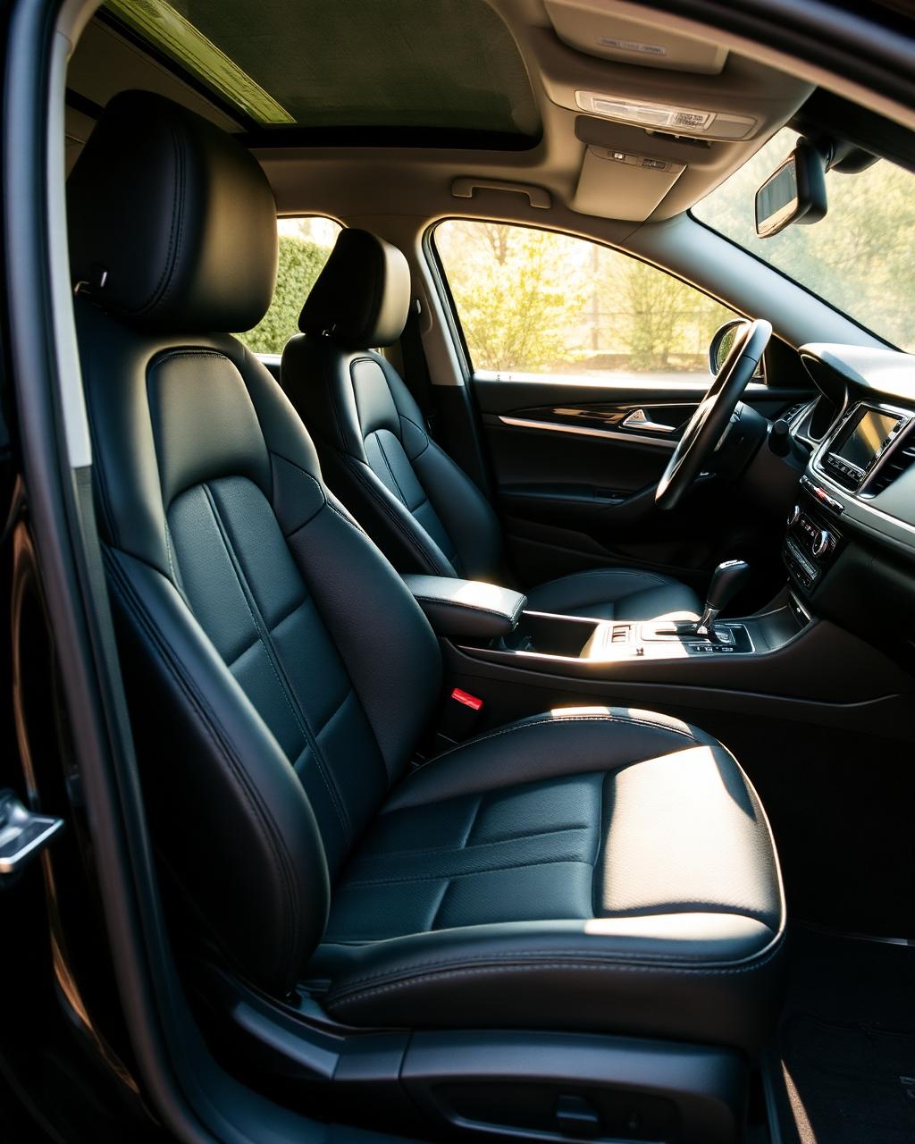 Detailed luxury car interior with conditioned leather seats and polished dashboard